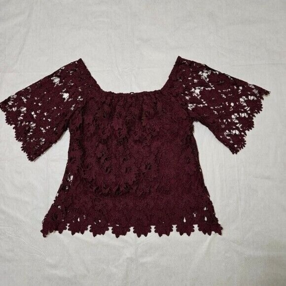 Astars Top Womens XS Burgundy Lace Lined Off Shoulder Floral Stretch Coquette - Picture 7 of 10